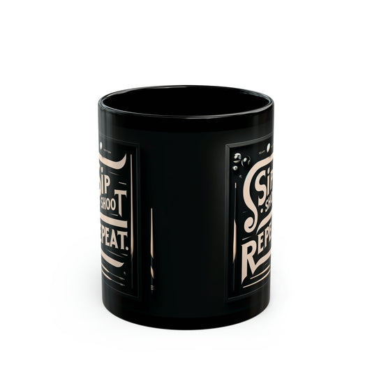 Coffee Mug, Gift for Pool Players. Sip, Shoot, Repeat! Black Mug (11oz)