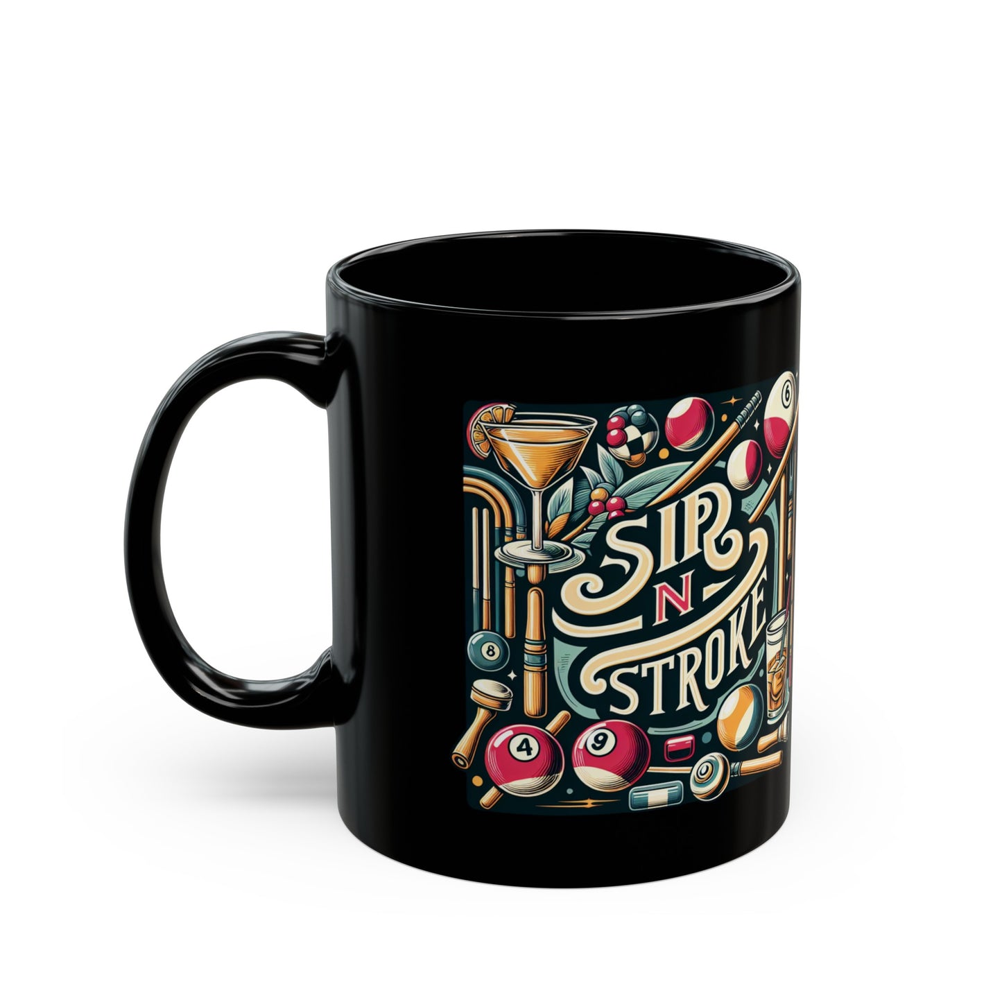 Coffee Mug, Gift for Pool Players. Sip N Stroke! Black Mug (11oz)